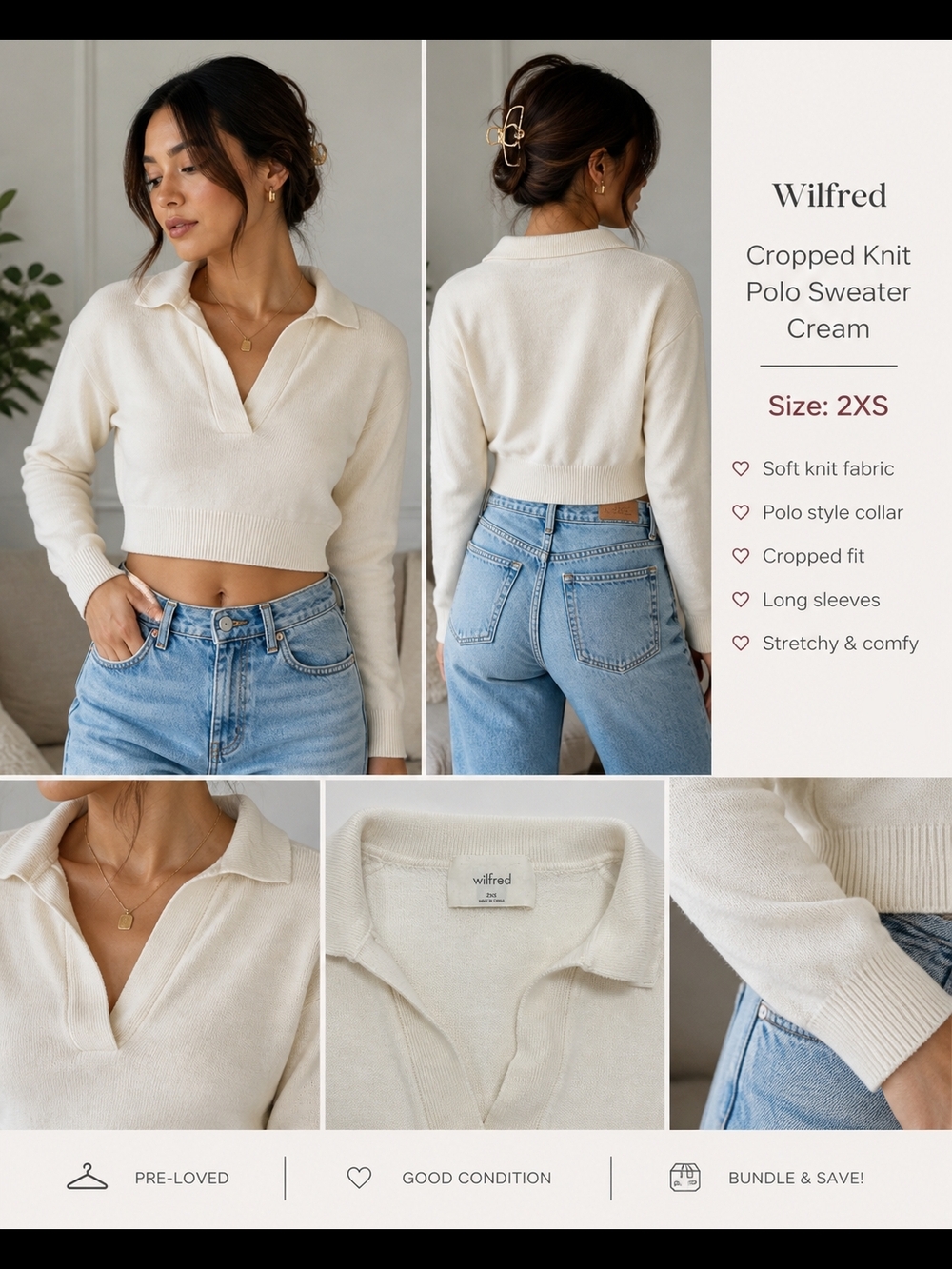 Wilfred 100 % Merino Wool White Cropped V-Neck Polo Sweater